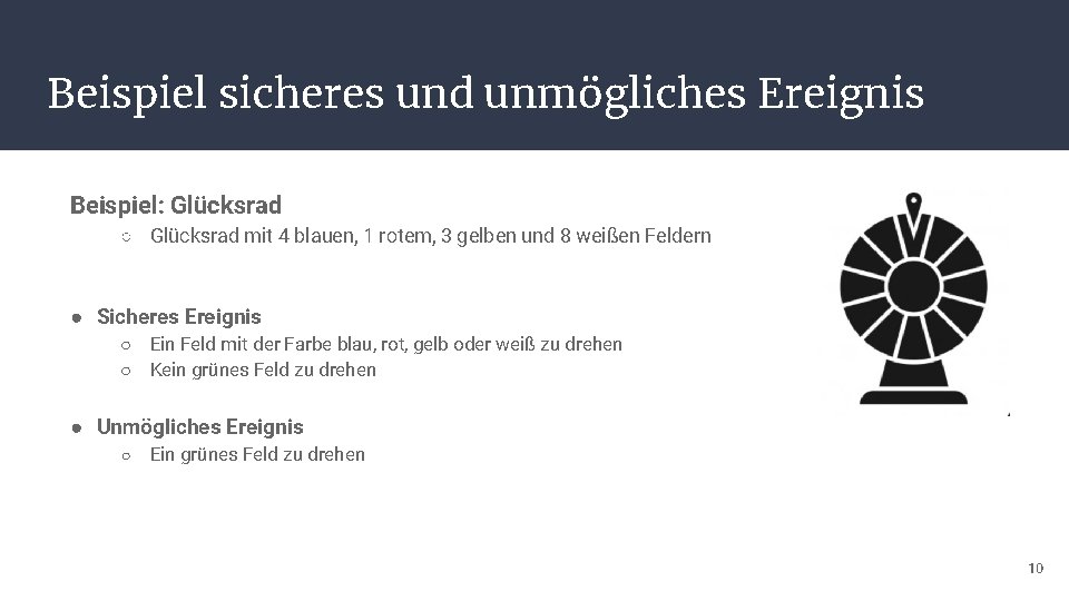 Beispiel sicheres und unmögliches Ereignis Beispiel: Glücksrad ○ Glücksrad mit 4 blauen, 1 rotem,