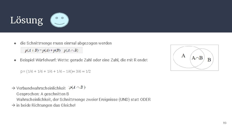 Lösung ● die Schnittmenge muss einmal abgezogen werden ● Beispiel Würfelwurf: Wette: gerade Zahl