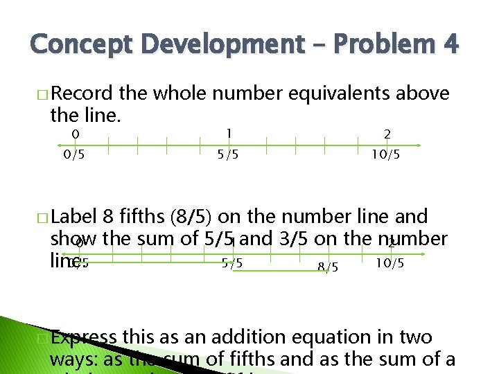 Concept Development – Problem 4 � Record the whole number equivalents above the line.