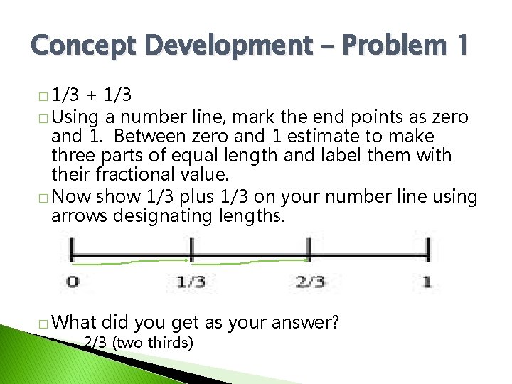Concept Development – Problem 1 � 1/3 + 1/3 � Using a number line,
