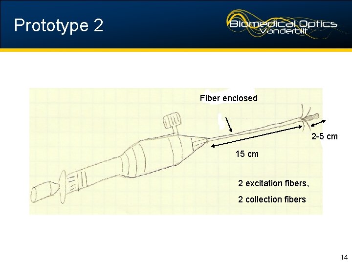 Prototype 2 Fiber enclosed 2 -5 cm 15 cm 2 excitation fibers, 2 collection