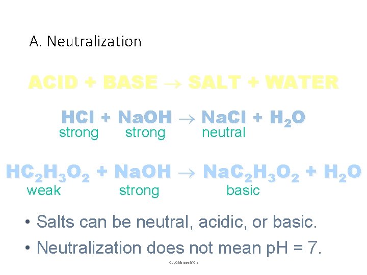 A. Neutralization ACID + BASE SALT + WATER HCl + Na. OH Na. Cl