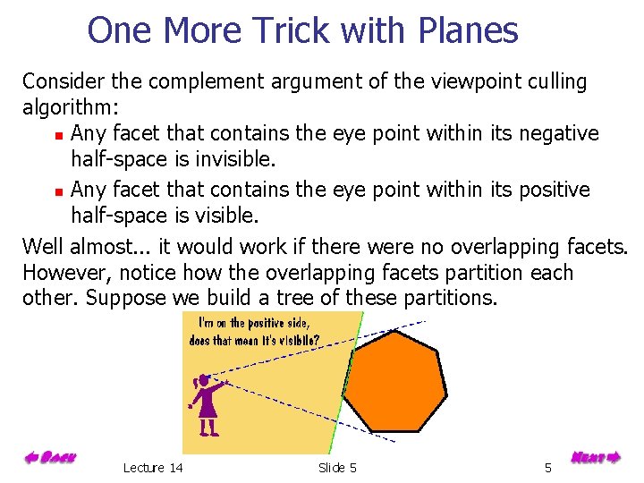 One More Trick with Planes Consider the complement argument of the viewpoint culling algorithm: