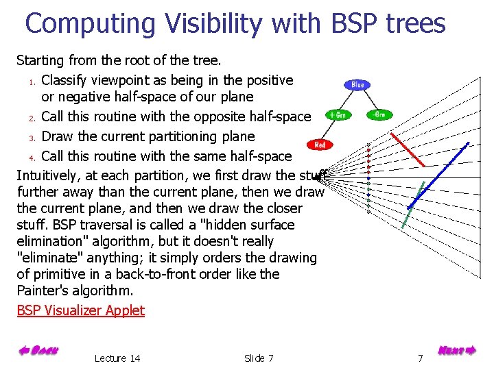 Computing Visibility with BSP trees Starting from the root of the tree. 1. Classify