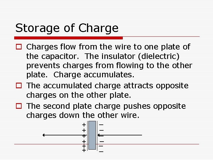 Storage of Charge o Charges flow from the wire to one plate of the