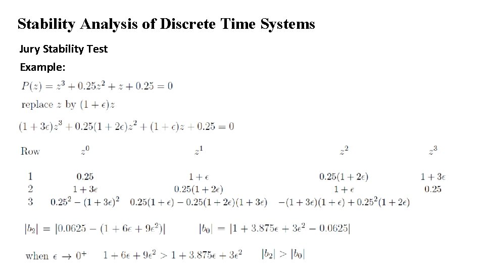 Stability Analysis of Discrete Time Systems Jury Stability Test Example: 