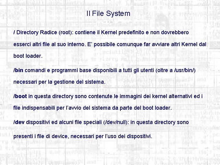 Il File System / Directory Radice (root): contiene il Kernel predefinito e non dovrebbero