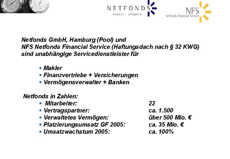 Netfonds Gmb. H, Hamburg (Pool) und NFS Netfonds Financial Service (Haftungsdach nach § 32