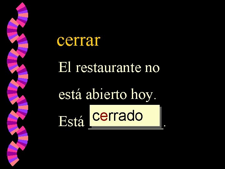 cerrar El restaurante no está abierto hoy. cerrado Está _____. 