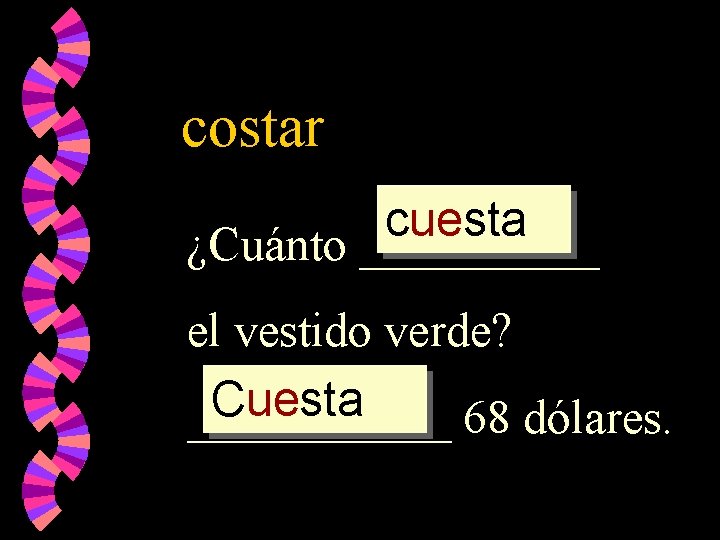 costar cuesta ¿Cuánto _____ el vestido verde? Cuesta ______ 68 dólares. 