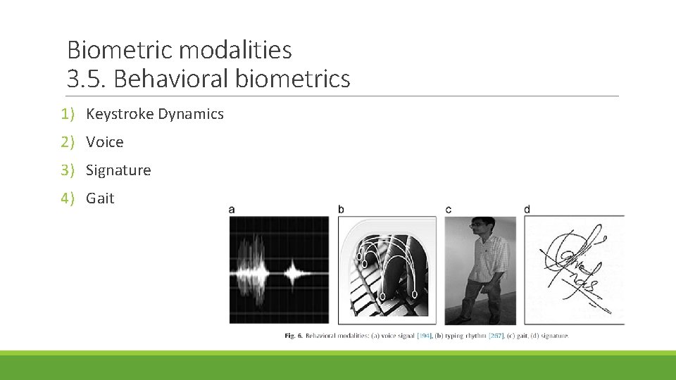 Biometric modalities 3. 5. Behavioral biometrics 1) Keystroke Dynamics 2) Voice 3) Signature 4)