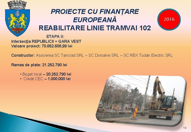 PROIECTE CU FINANŢARE EUROPEANĂ REABILITARE LINIE TRAMVAI 102 2016 ETAPA II: Intersecţia REPUBLICII ÷