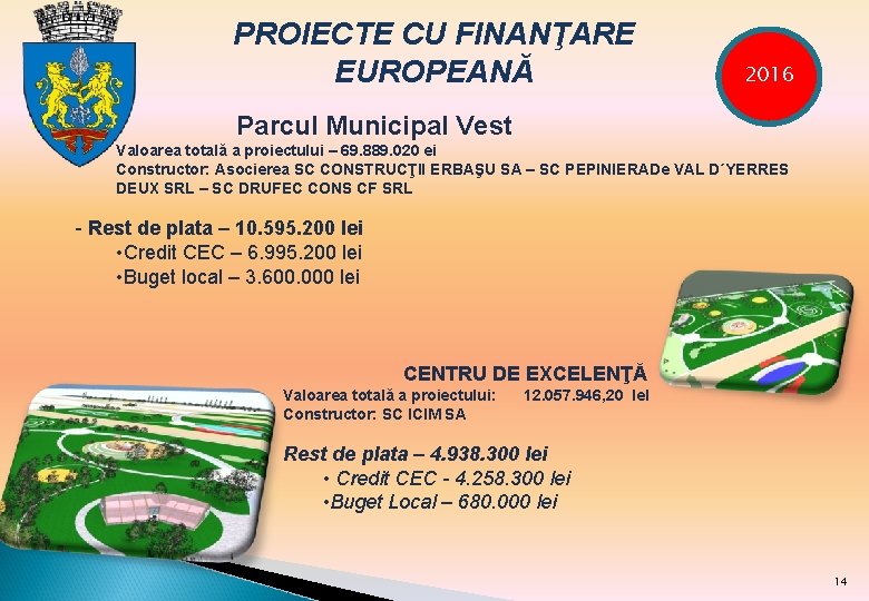 PROIECTE CU FINANŢARE EUROPEANĂ - 2016 Parcul Municipal Vest Valoarea totală a proiectului –
