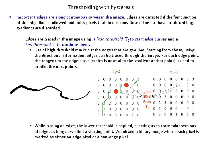 Thresholding with hysteresis • Important edges are along continuous curves in the image. Edges