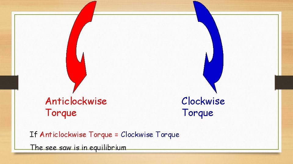 Anticlockwise Torque If Anticlockwise Torque = Clockwise Torque The see saw is in equilibrium Anticlockwise Torque If Anticlockwise Torque = Clockwise Torque The see saw is in equilibrium