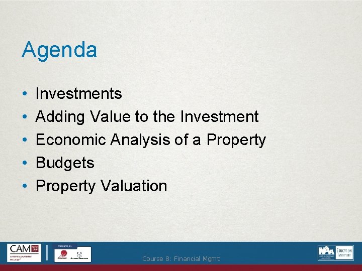 Agenda • • • Investments Adding Value to the Investment Economic Analysis of a