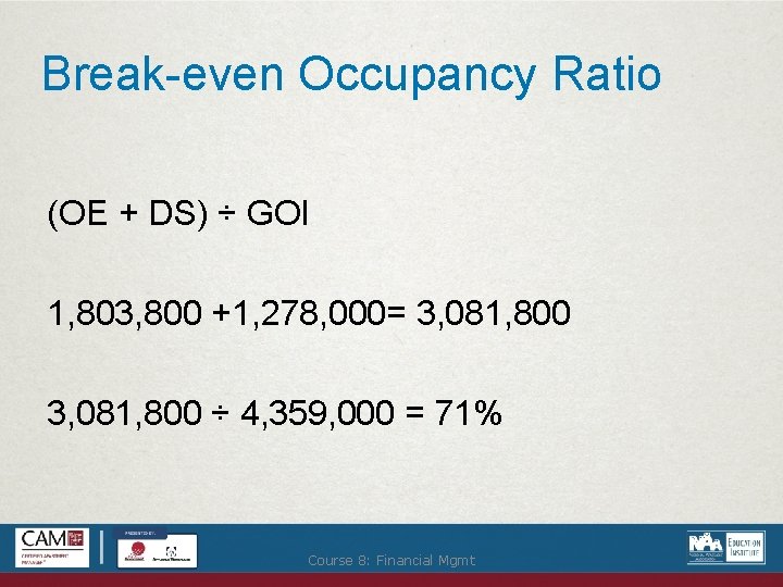 Break-even Occupancy Ratio (OE + DS) ÷ GOI 1, 803, 800 +1, 278, 000=