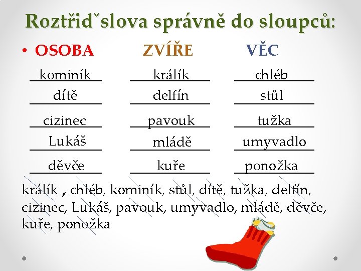 Roztřidˇslova správně do sloupců: • OSOBA ZVÍŘE VĚC __________ kominík králík chléb dítě delfín