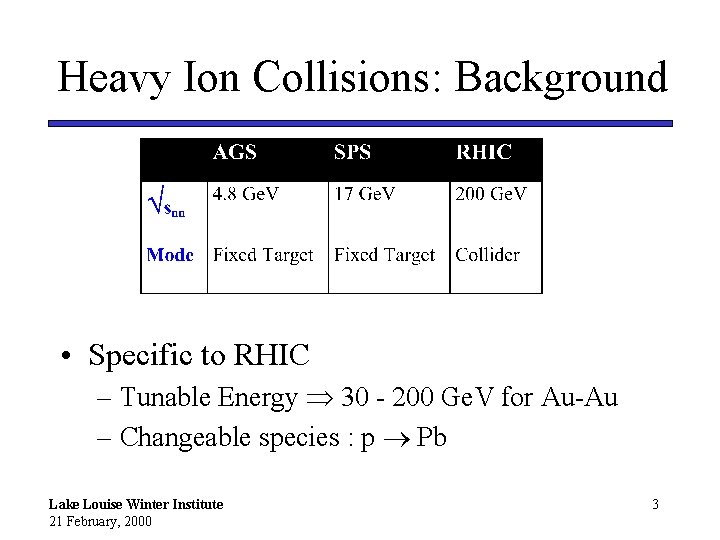 Heavy Ion Collisions: Background • Specific to RHIC – Tunable Energy 30 - 200