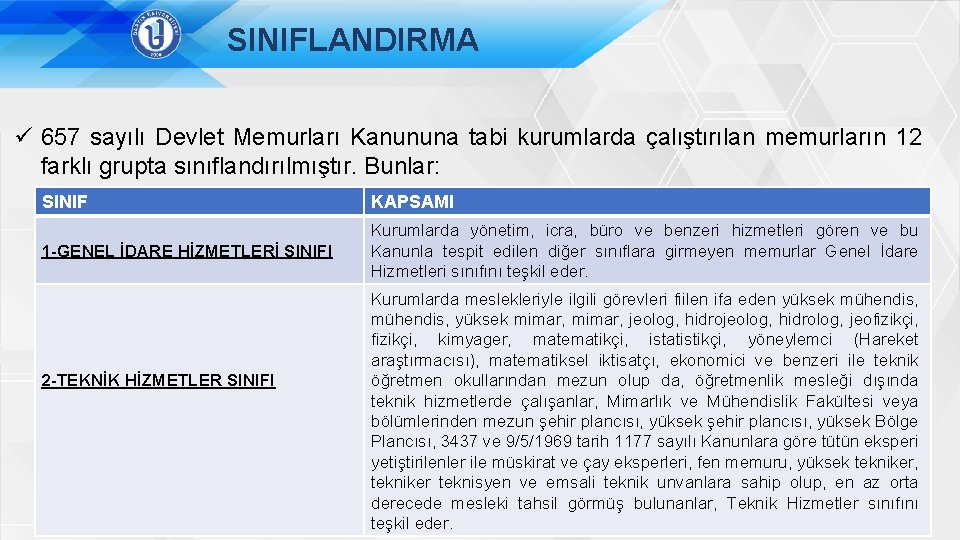 SINIFLANDIRMA ü 657 sayılı Devlet Memurları Kanununa tabi kurumlarda çalıştırılan memurların 12 farklı grupta