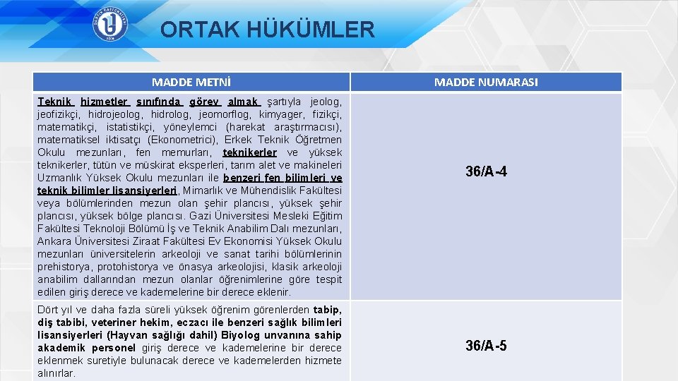 ORTAK HÜKÜMLER MADDE METNİ Teknik hizmetler sınıfında görev almak şartıyla jeolog, jeofizikçi, hidrojeolog, hidrolog,