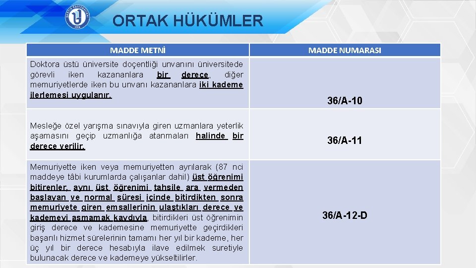 ORTAK HÜKÜMLER MADDE METNİ Doktora üstü üniversite doçentliği unvanını üniversitede görevli iken kazananlara bir