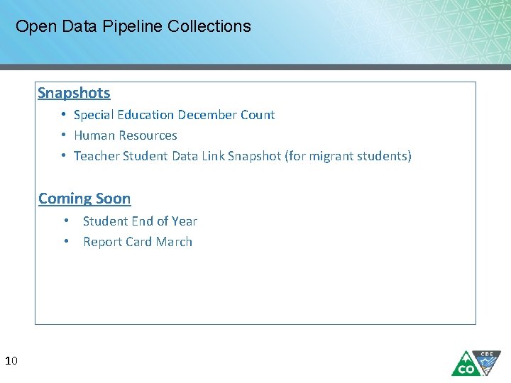 Open Data Pipeline Collections Snapshots • Special Education December Count • Human Resources •