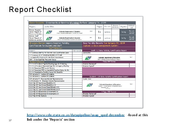 Report Checklist 17 http: //www. cde. state. co. us/datapipeline/snap_sped-december -found at this link under