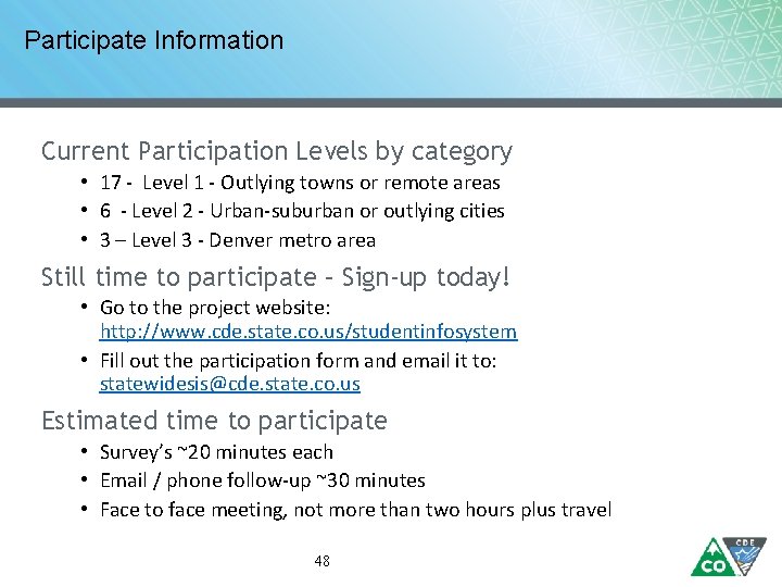 Participate Information Current Participation Levels by category • 17 - Level 1 - Outlying