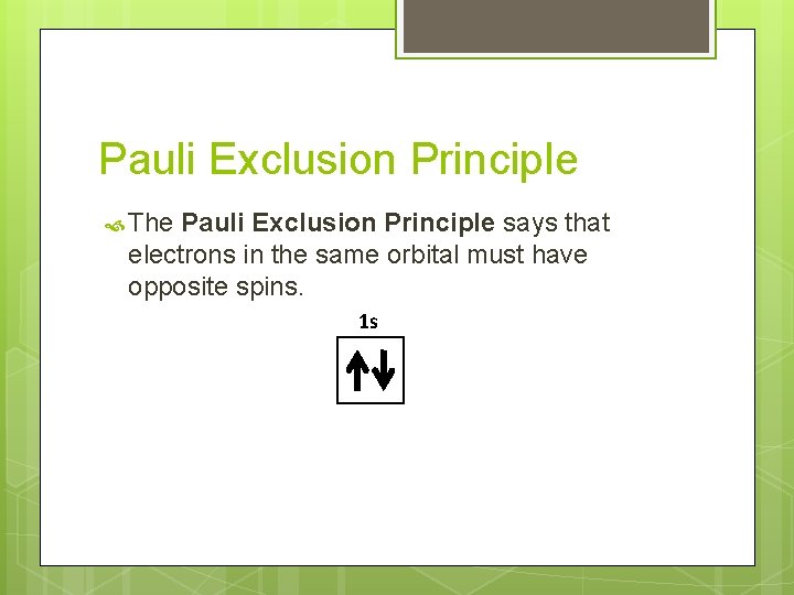 Pauli Exclusion Principle The Pauli Exclusion Principle says that electrons in the same orbital
