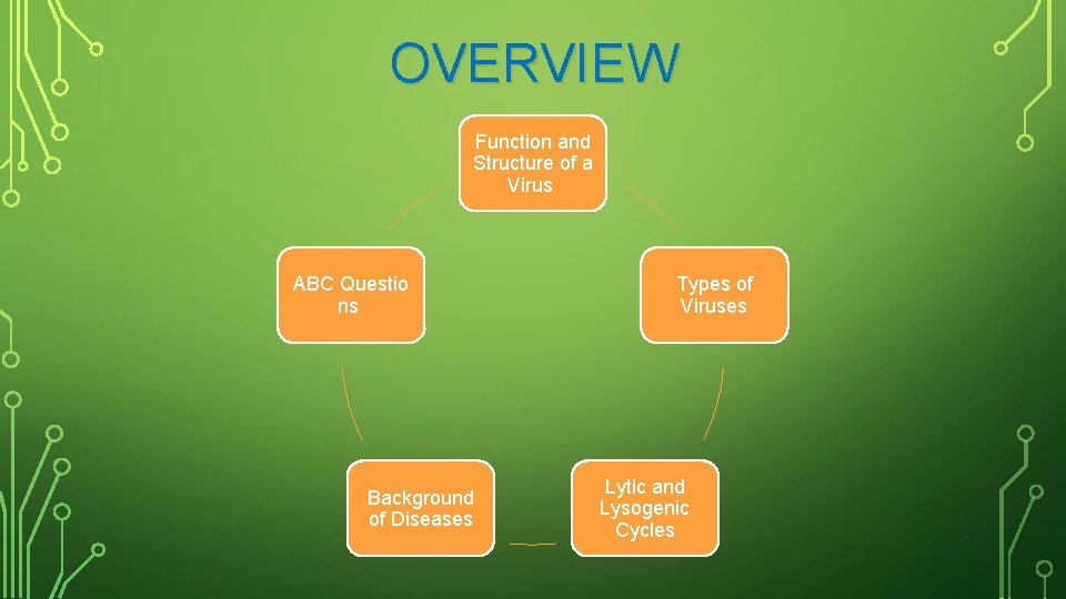 OVERVIEW Function and Structure of a Virus ABC Questio ns Background of Diseases Types