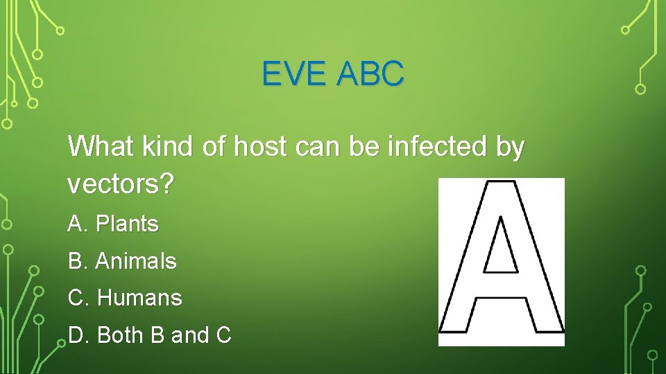 EVE ABC What kind of host can be infected by vectors? A. Plants B.