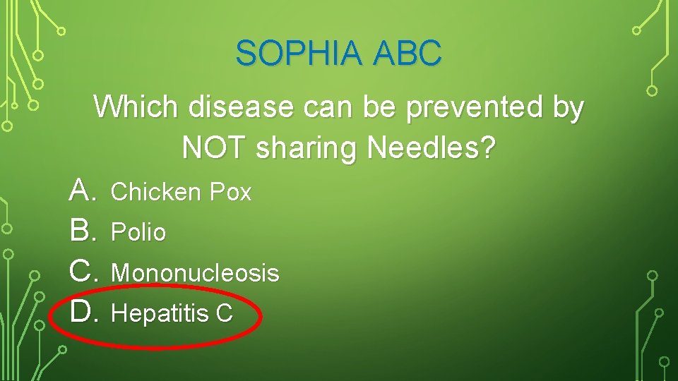 SOPHIA ABC Which disease can be prevented by NOT sharing Needles? A. Chicken Pox