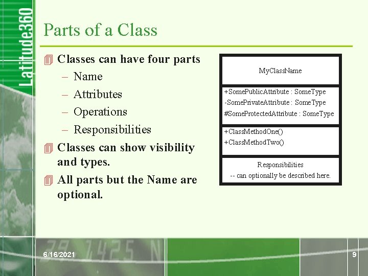 Parts of a Class 4 Classes can have four parts – Name – Attributes Parts of a Class 4 Classes can have four parts – Name – Attributes