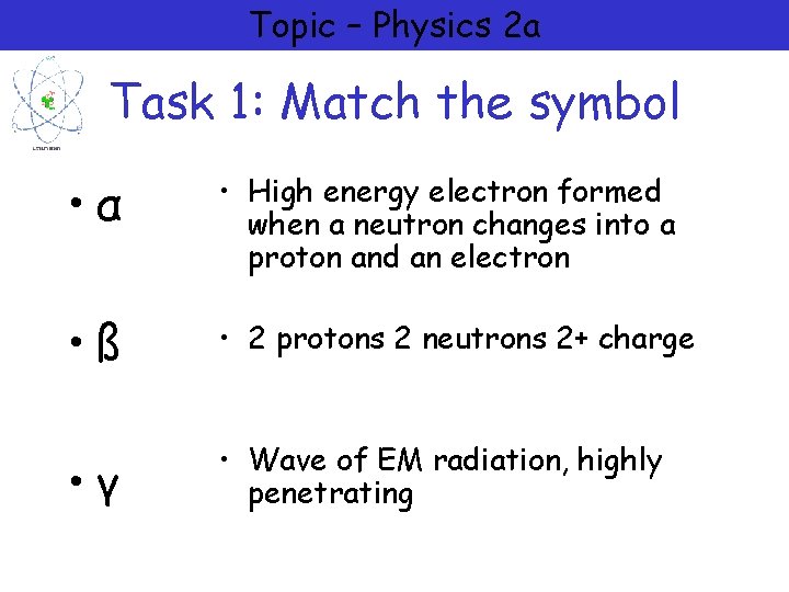 Topic – Physics 2 a Task 1: Match the symbol • α • High