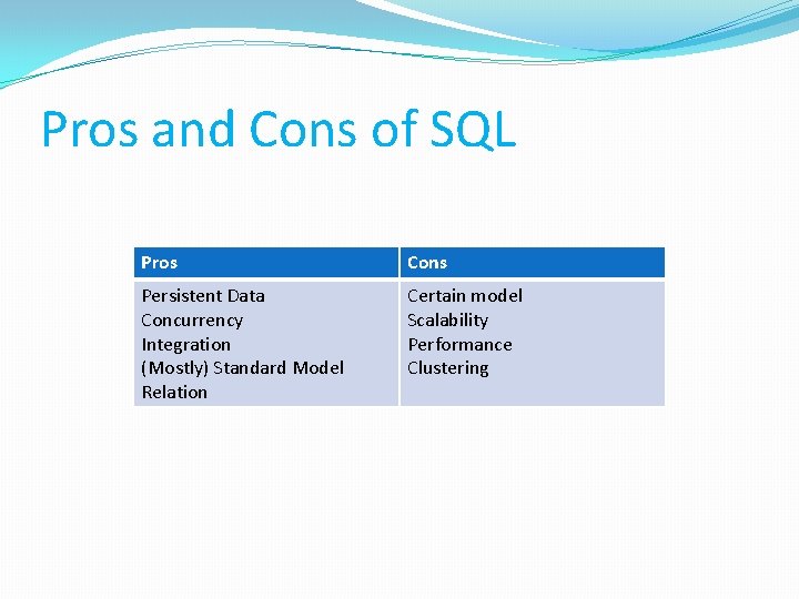 Pros and Cons of SQL Pros Cons Persistent Data Concurrency Integration (Mostly) Standard Model Pros and Cons of SQL Pros Cons Persistent Data Concurrency Integration (Mostly) Standard Model