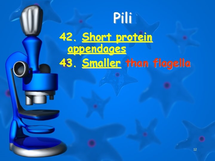 Pili 42. Short protein appendages 43. Smaller than flagella 12 