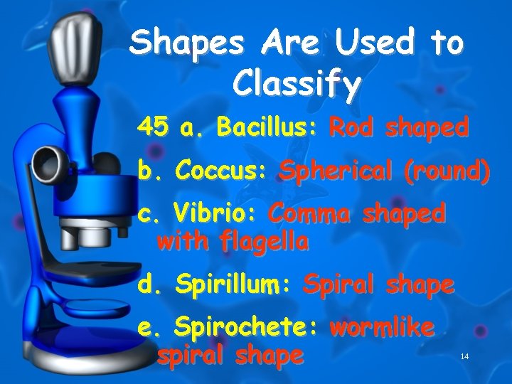 Shapes Are Used to Classify 45 a. Bacillus: Rod shaped b. Coccus: Spherical (round)