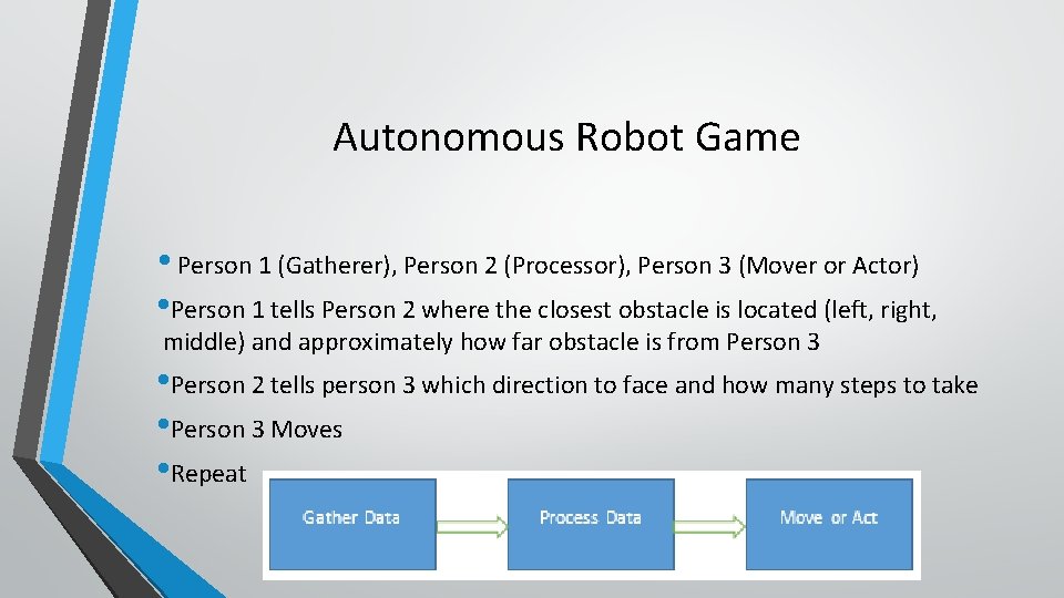 Autonomous Robot Game • Person 1 (Gatherer), Person 2 (Processor), Person 3 (Mover or
