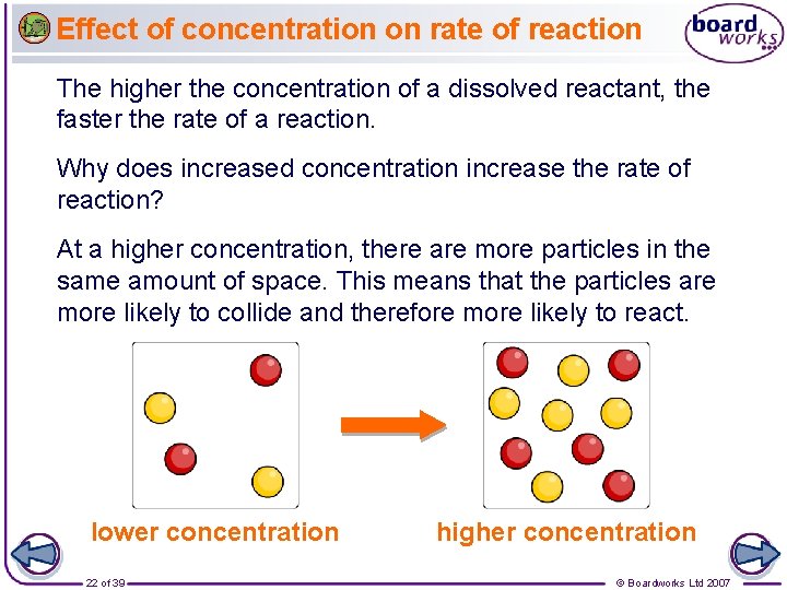 Effect of concentration on rate of reaction The higher the concentration of a dissolved