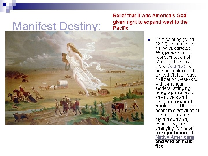 Manifest Destiny: Belief that it was America’s God given right to expand west to