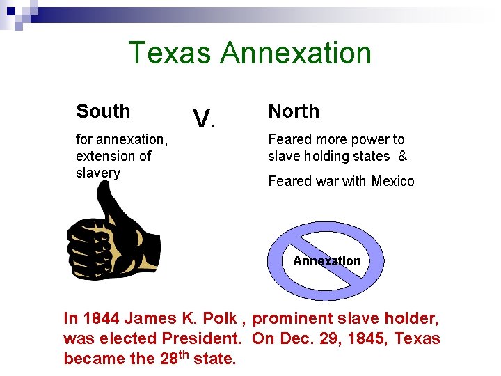Texas Annexation South for annexation, extension of slavery V. North Feared more power to