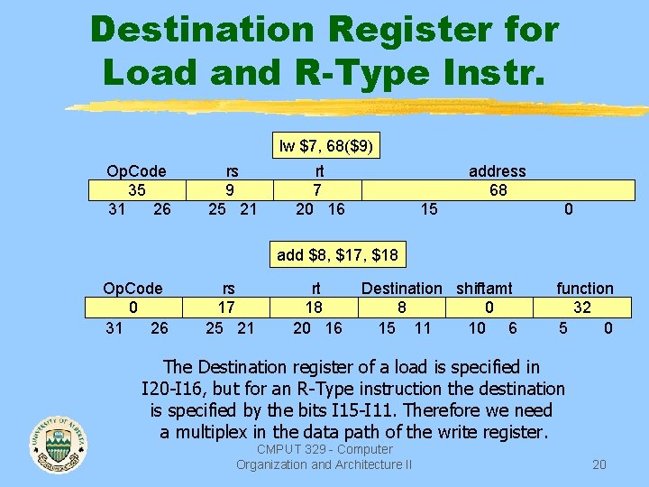 Destination Register for Load and R-Type Instr. lw $7, 68($9) Op. Code 35 31