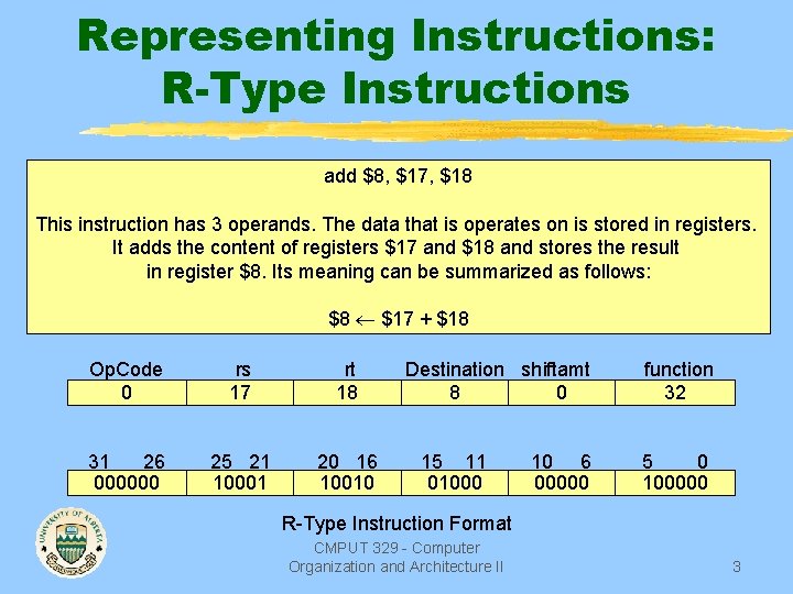 Representing Instructions: R-Type Instructions add $8, $17, $18 This instruction has 3 operands. The