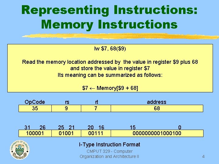 Representing Instructions: Memory Instructions lw $7, 68($9) Read the memory location addressed by the