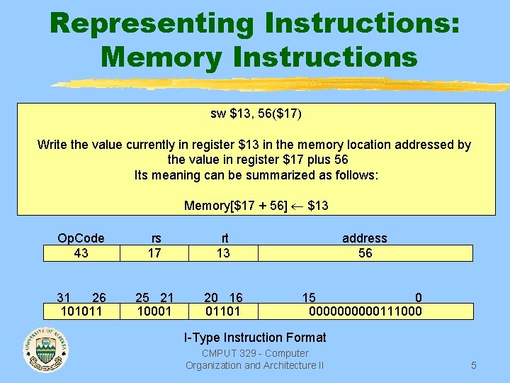 Representing Instructions: Memory Instructions sw $13, 56($17) Write the value currently in register $13