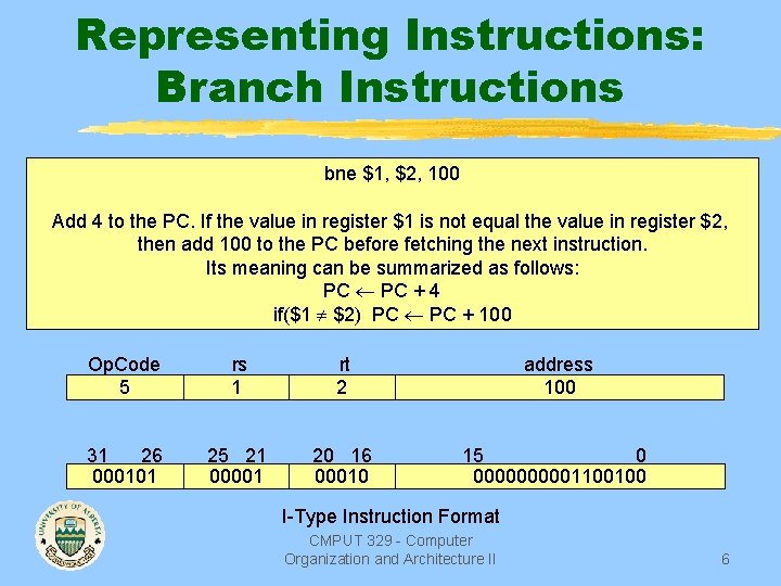 Representing Instructions: Branch Instructions bne $1, $2, 100 Add 4 to the PC. If