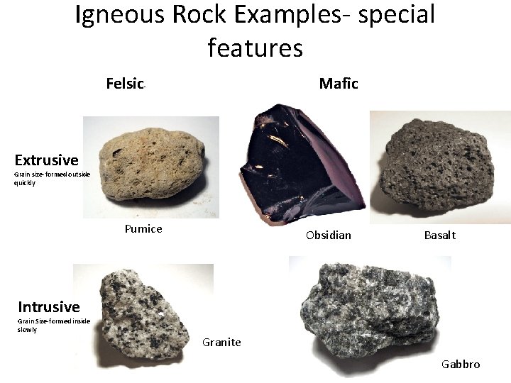 Igneous Rock Examples- special features Felsic- Mafic Extrusive Grain size-formed outside quickly Pumice Obsidian