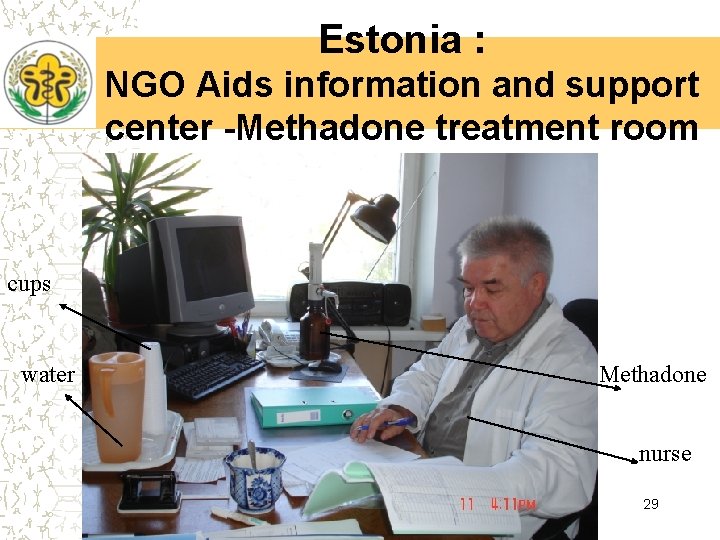 Estonia : NGO Aids information and support center -Methadone treatment room cups water Methadone