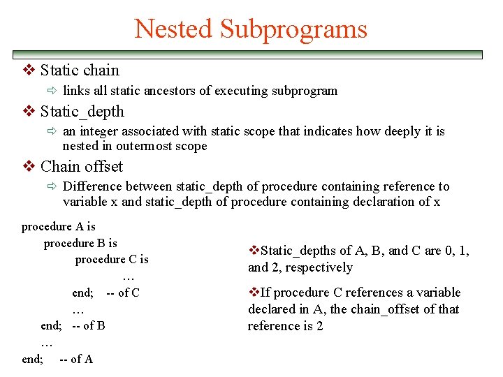 Nested Subprograms v Static chain ð links all static ancestors of executing subprogram v